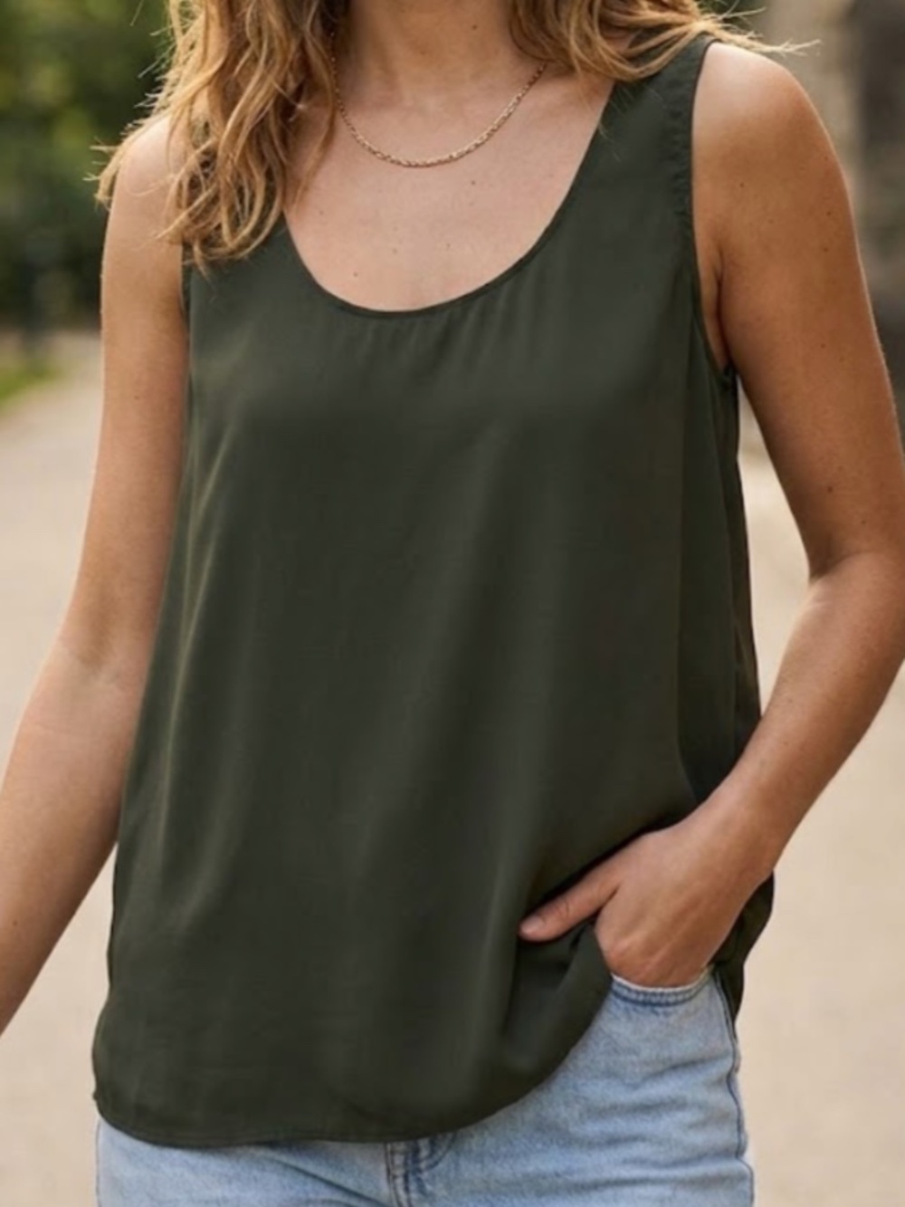 ❤️ R Label 100% silk Quince dark green olive khaki tank top blouse